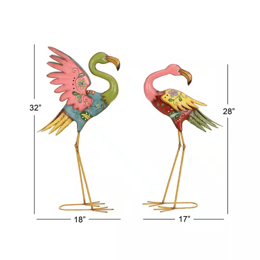 28 In. Large Metal Indoor Outdoor Embossed Standing Flamingo Garden Sculpture with Coiled U Shaped Feet (2- Pack)