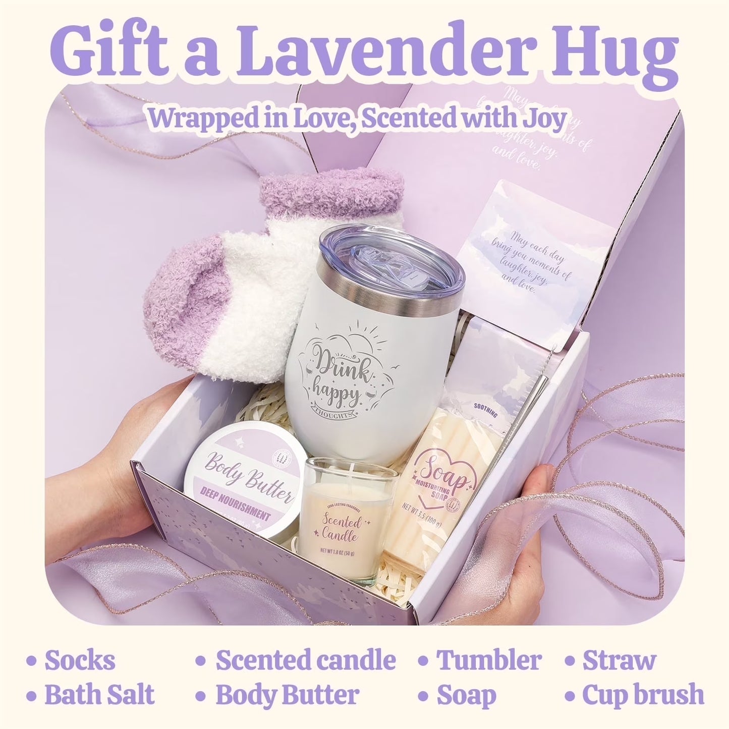 Spa Gift Sets for Women, 9 Pcs Lavender Bath Set Relaxing Birthday Mothers Day Gifts Baskets for Mom with Stainless Steel Tumbler